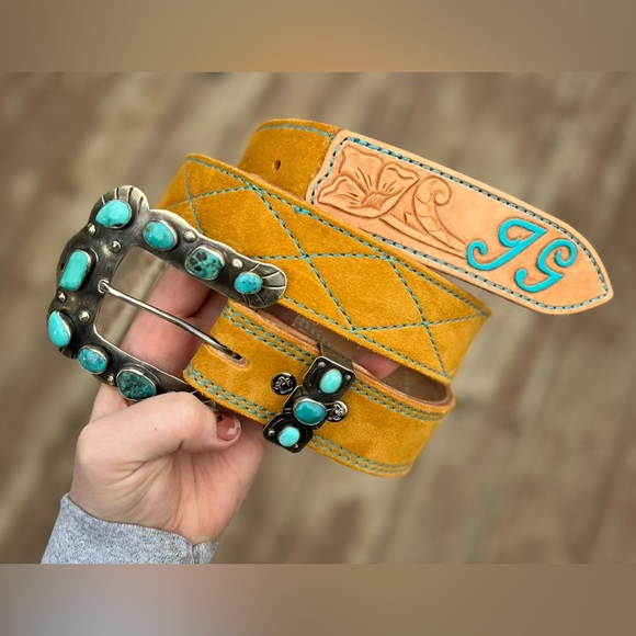 Remuda Leather Turquoise Embellished Yellow Leather Belt - Picture 1 of 2